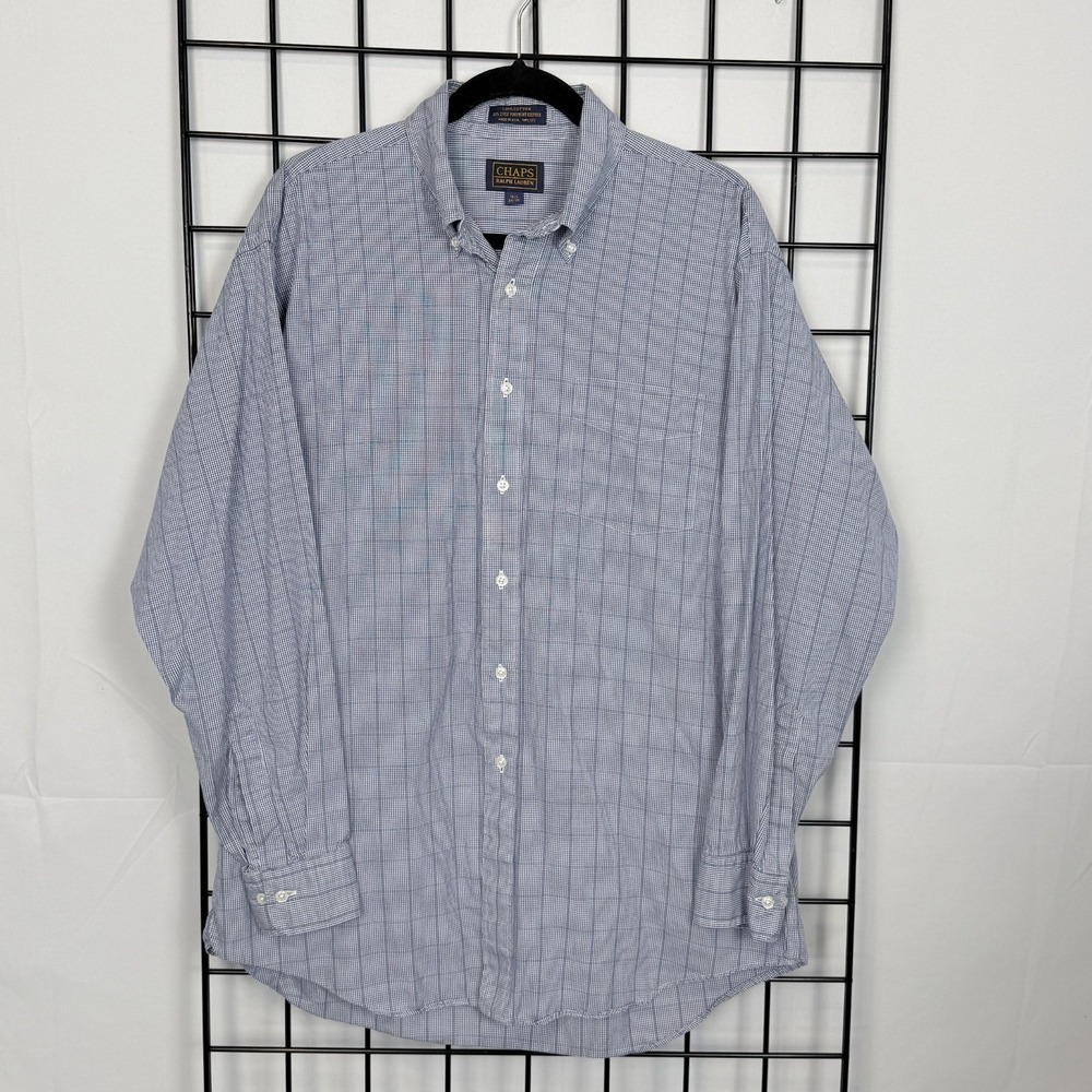 Vintage Chaps Ralph Lauren Gingham Pinpoint Oxford Shirt Mens 16.5 34/35 Blue